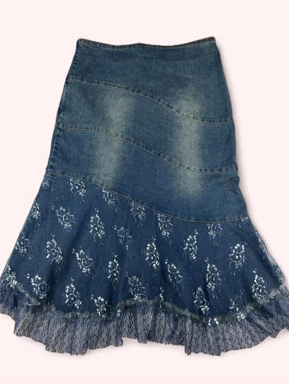 Deadstock Y2K beaded denim midi skirt with lace ruffle and floral embroidery - Picture 5 of 6